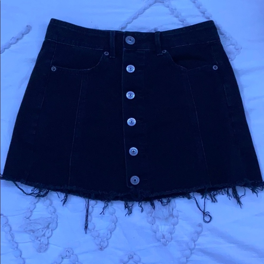 Black denim button up distressed skirt